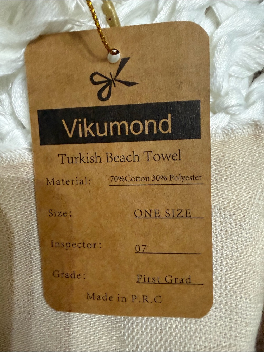 Vikumond Turkish Beach Towel Neutral Beige Woven Peshtemal Blanket Fringe - Picture 3 of 5